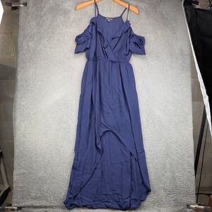 MMMMMM Navy Blue Cold‎ Shoulder Ruffle High Low Maxi Dress Womens Medium